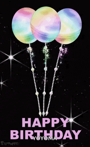 a happy birthday greeting card with three balloons hanging from strings on a black background .