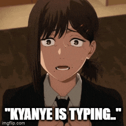 a girl in a suit and tie says " kyanye is typing .. "