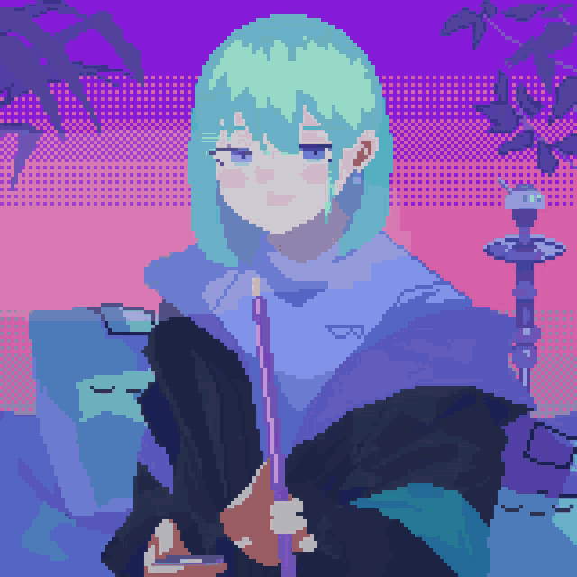 a pixel art drawing of a person holding a hookah