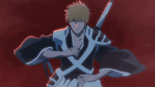 a man with yellow hair and red eyes is holding a skeleton