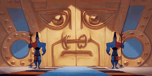 two cartoon characters are standing in front of a large gold door with a face on it .