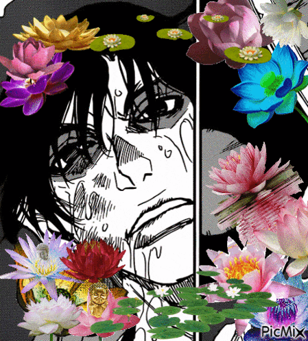 a black and white drawing of a man surrounded by water lilies with a picmix watermark