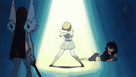 a girl with a sword is standing in front of a spotlight