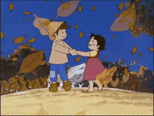 a cartoon of a boy and girl holding hands