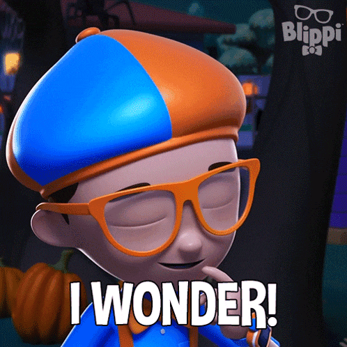 a cartoon character with glasses and a blue hat says i wonder
