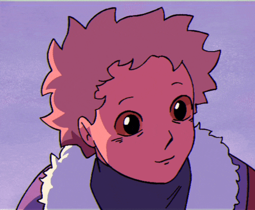 a close up of a cartoon character with a purple background