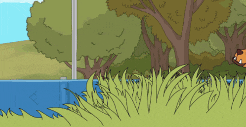 a cartoon drawing of a cat jumping over a fence into a body of water