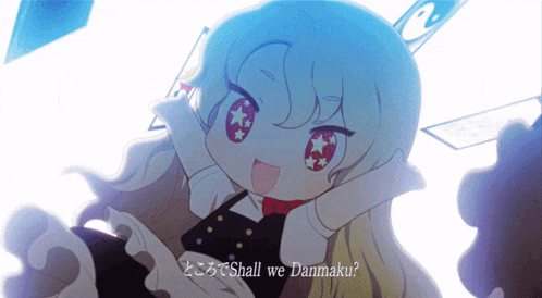 a cartoon of a girl with the words shall we danmaku