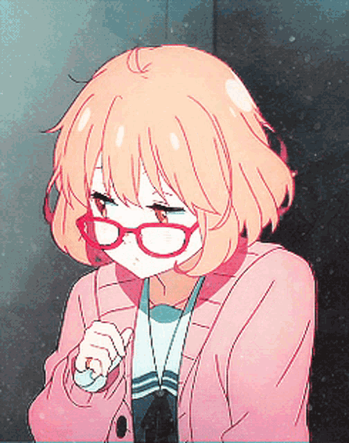 a girl with short pink hair and red glasses