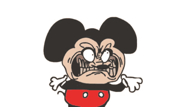 a cartoon drawing of mickey mouse with a very angry face