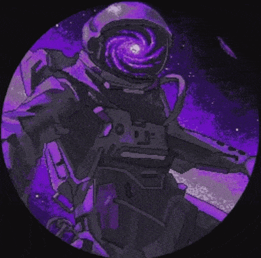a pixel art of an astronaut in a purple space suit with a galaxy in the background .