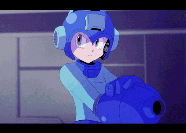 a cartoon character with a blue helmet is holding a large blue object