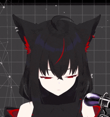 a girl with black hair and red eyes has a cat ear on her head