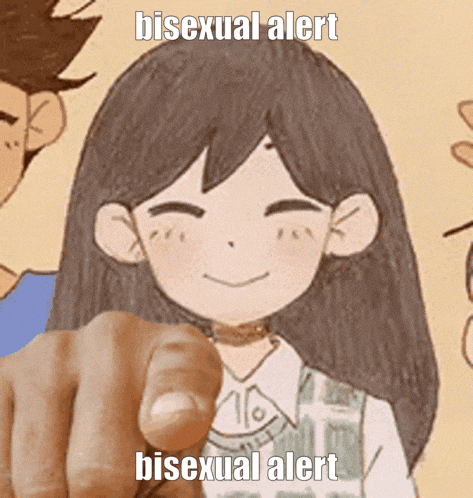 a hand pointing at a cartoon girl with the words bisexual alert on it .