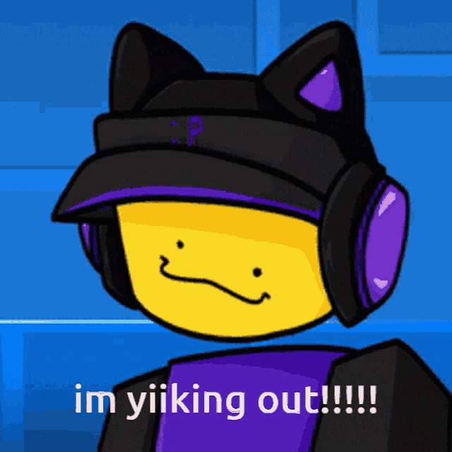 a cartoon character wearing headphones and a hat says im yiiking out !!!