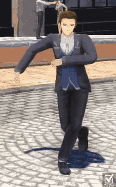 a man in a suit is dancing on a brick sidewalk