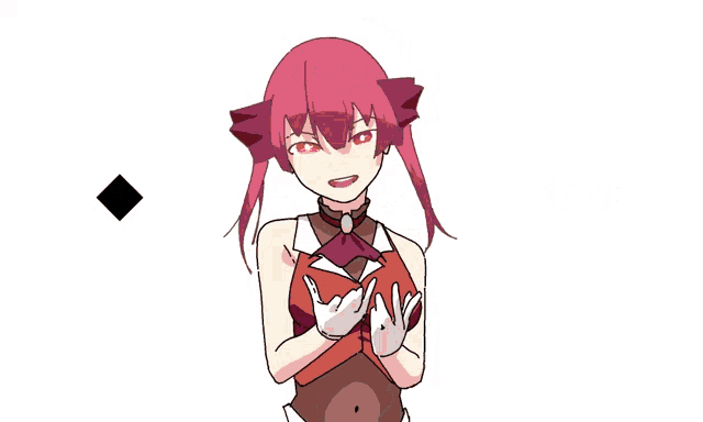 a girl with pink hair is making a heart with her hands and a heart with the word love on it