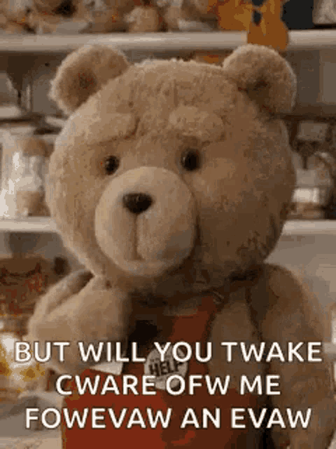 a teddy bear is standing in front of a refrigerator with a fridge full of stuffed animals .