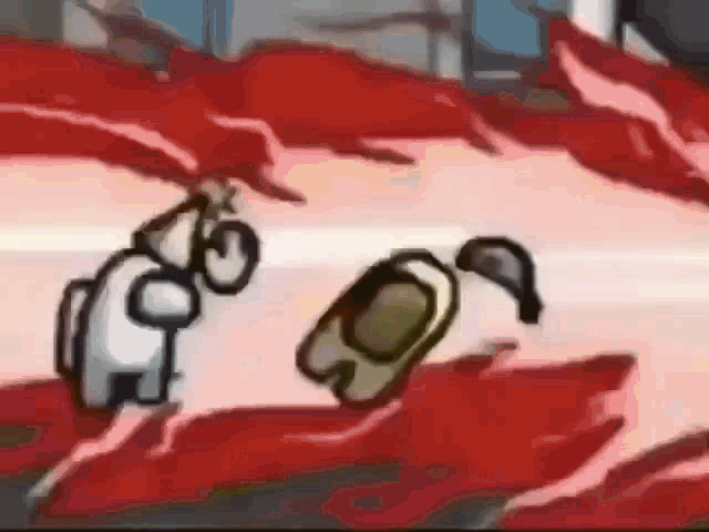 a cartoon of two among us characters standing next to each other in a bloody room .