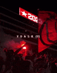 a crowd of people holding red flags in front of a sign that says ydale