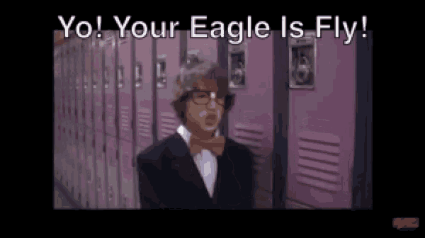 a man in a suit and bow tie is standing in front of pink lockers and says yo your eagle is fly .