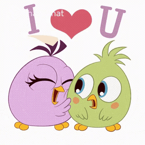a purple bird and a green bird are kissing with the words i love u below them