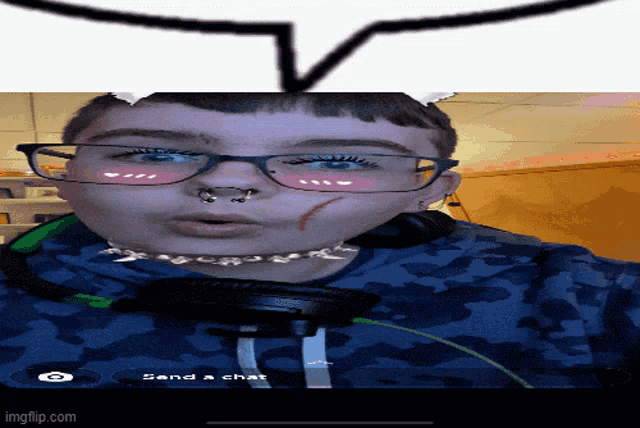 a boy wearing glasses and headphones has a speech bubble above his head that reads send a chat