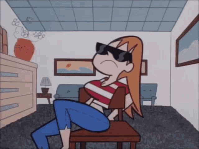 a cartoon character wearing sunglasses is sitting on a chair in a living room
