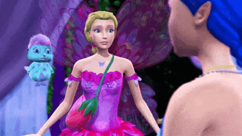 a barbie fairy in a pink dress is standing next to a man and a bird .
