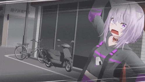 a girl with purple hair is standing in front of a building that says ' a ' on it