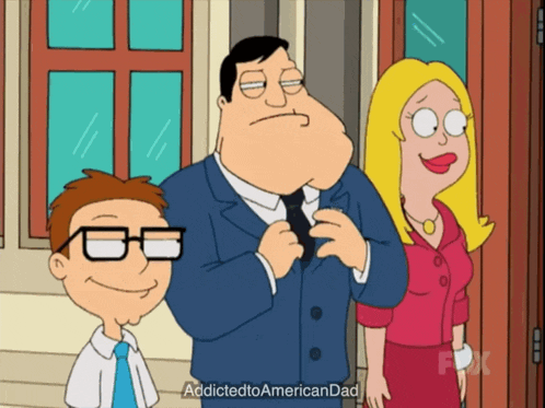 a cartoon of a man in a suit and tie with the words addicted to american dad below him