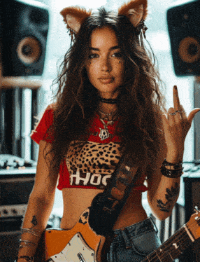 a woman holding a guitar and wearing a crop top that says hog