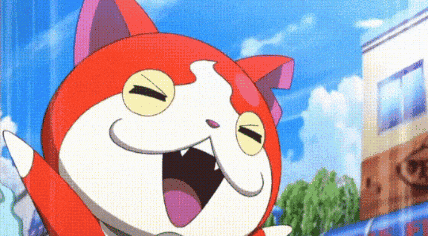 a cartoon cat is jumping in the air in front of a building in a city .