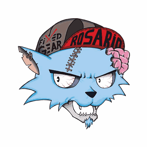 a drawing of a wolf wearing sunglasses and a hat that says rosario