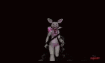 a pink and white cartoon character is holding a gun .