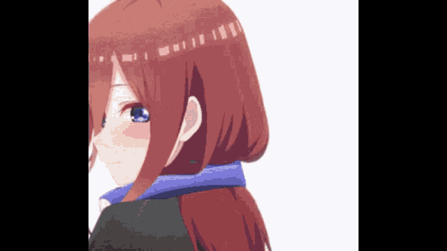 a girl with red hair and blue eyes is wearing a scarf around her neck