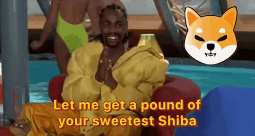 a man in a yellow jacket is sitting next to a shiba inu
