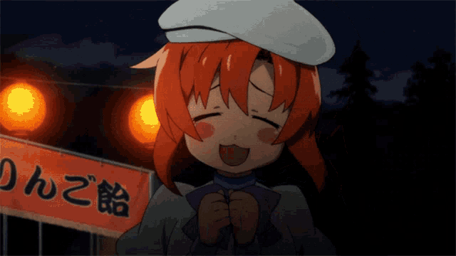 a girl in a white hat stands in front of a sign that says ' りんご飴 '
