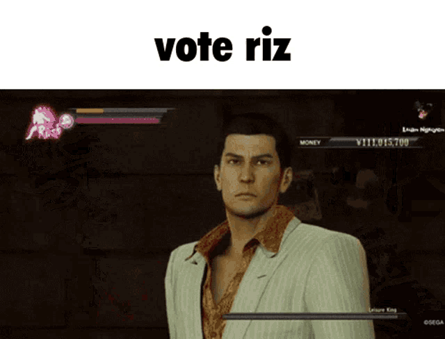 a video game screen shows a man in a suit and the words vote riz above him