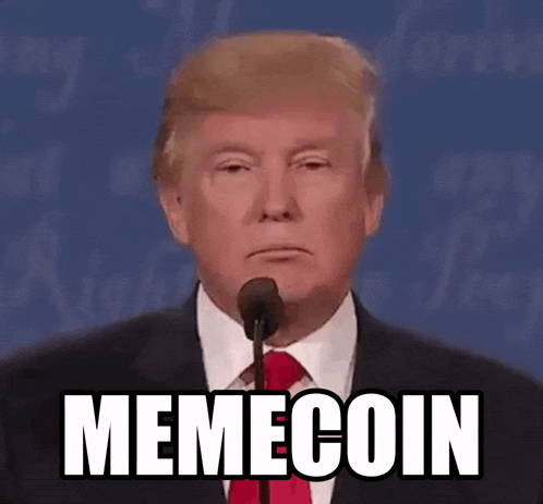 donald trump speaking into a microphone with memecoin written on the screen behind him
