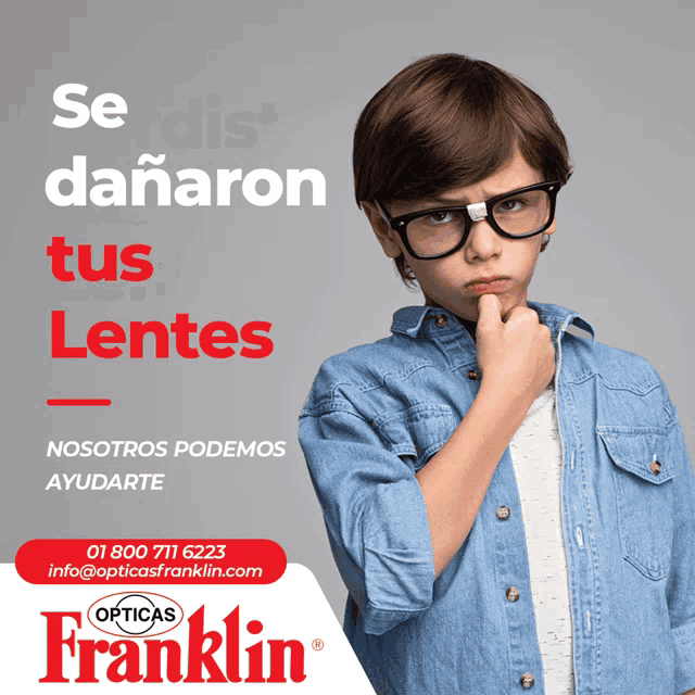 an advertisement for franklin opticas with a young boy wearing glasses