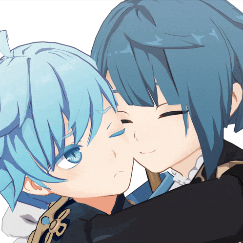 a couple of blue haired anime characters hugging