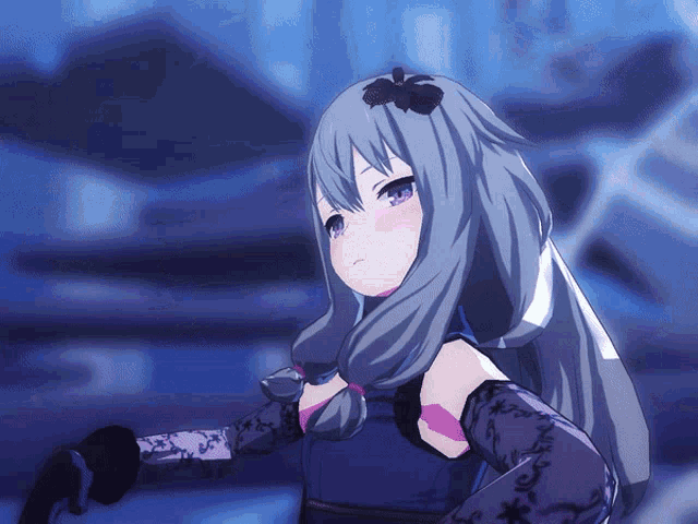 a girl with gray hair and purple eyes is wearing a black dress