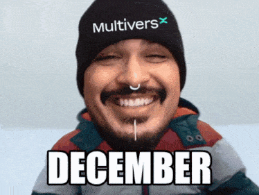 a man wearing a beanie that says multivers x on it