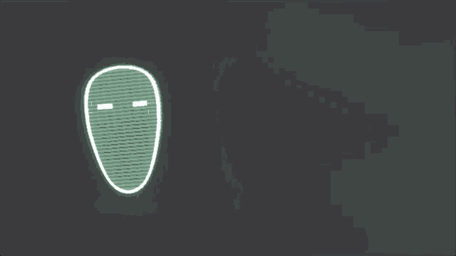 a green glowing face with two eyes on a dark background .