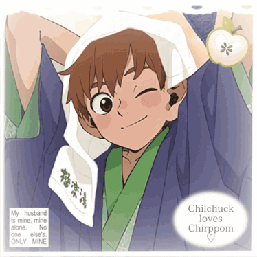 a cartoon of a boy with a towel around his head and the words chilchuck loves chirppm