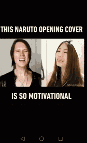 a picture of a man and a woman with a caption that says " this naruto opening cover is so motivational "