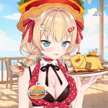 a girl in a bikini is holding a plate of food that says havachama on it