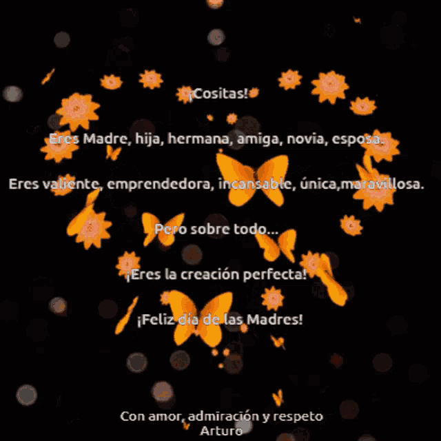 a black background with orange flowers and butterflies and the words " cositas "