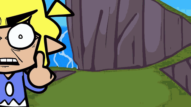 a cartoon character with a surprised look on his face is standing in front of a cliff